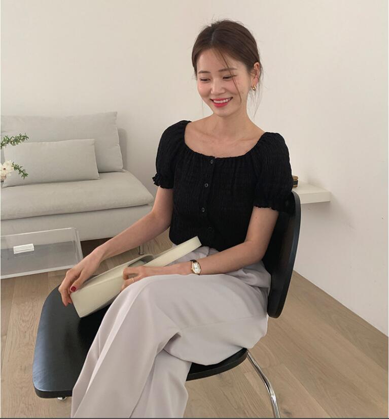 SUXI Áo Croptop Chất Chiffon Tay Ngắn Thiết Kế Thanh Lịch Phong Cách Pháp