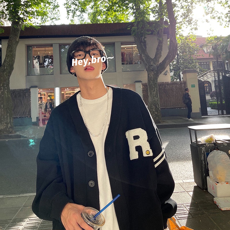Áo khoác cardigan cổ V dáng rộng màu trơn thêu chữ thời trang mùa thu cho nam size M-2XL