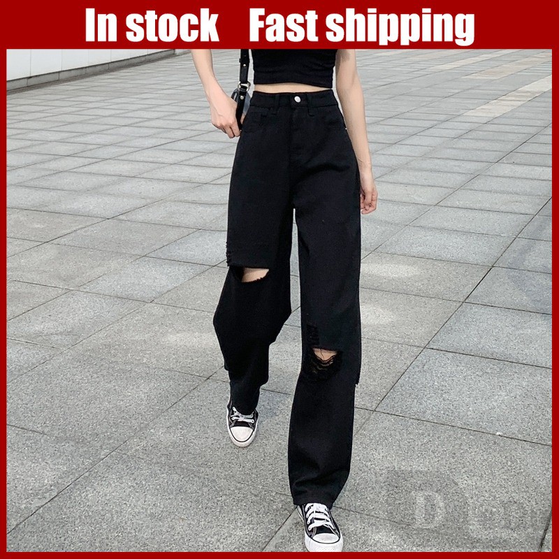 Daduhey Quần dài jeans kiểu dáng rách gối thời trang cho nữ