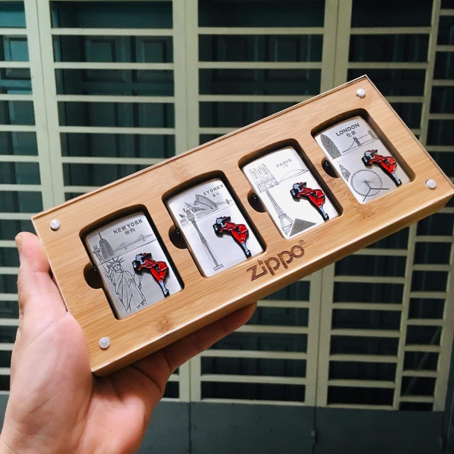 Hộp đựng bật lửa trưng bày Zippo 4 cái bằng gỡ tre