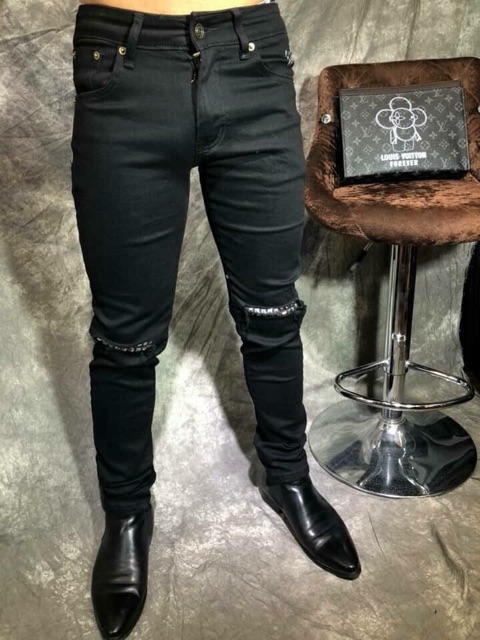 Quần jean nam skinny rách gối đính đinh