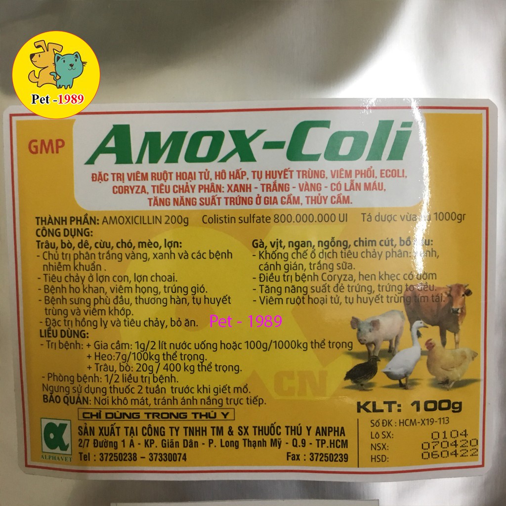 AMOX - COLI 20%. RUỘT HOẠI TỬ , HÔ HẤP , TỤ HUYẾT TRÙNG , VIÊM PHỔI, PXPT. Pet-1989