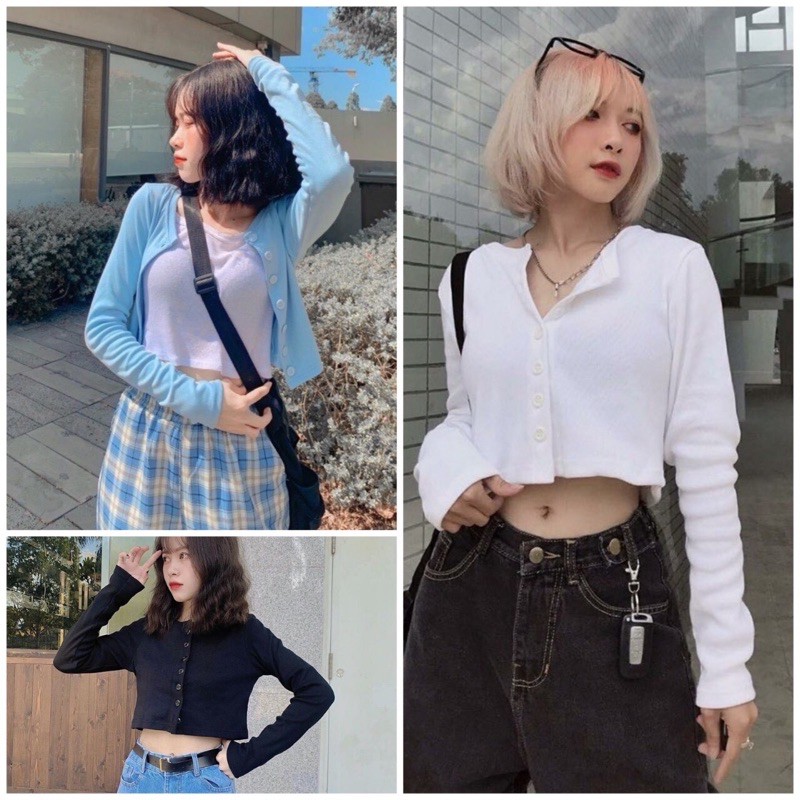 Áo Cardigan Lửng Dài Tay Thun Xước Cúc Ngực 4 Màu Siêu Xinh