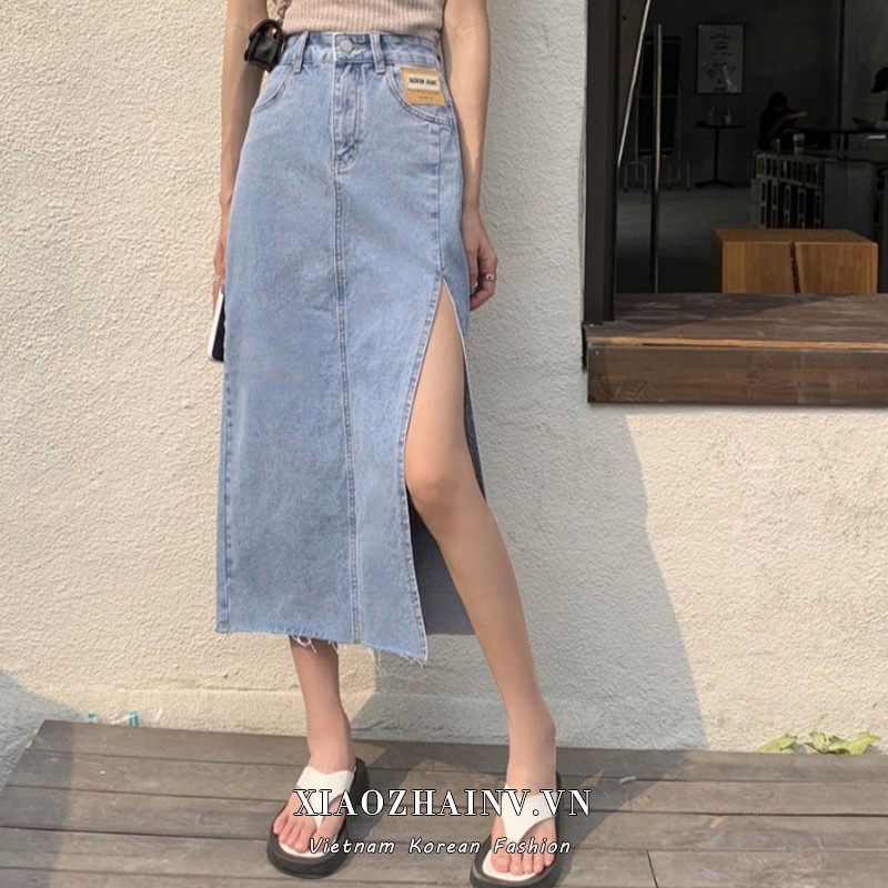 [ Mã 12FASHIONSALE1 giảm 10K đơn 50K ] Xiaozhainv Chân Váy Denim Lưng Cao Xẻ Tà Quyến Rũ Cho Nữ