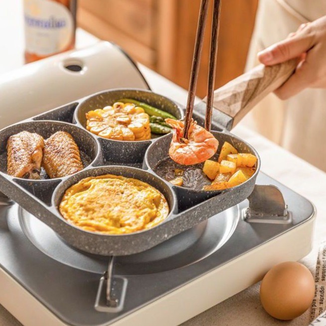 CHẢO VÂN ĐÁ 4 NGĂN CHỐNG DÍNH CỰC TỐT - CHẢO 4 NGĂN TIỆN LỢI CHIÊN TRỨNG ỐP LA CHIÊN BÁNH HÌNH THÚ CAO CẤP