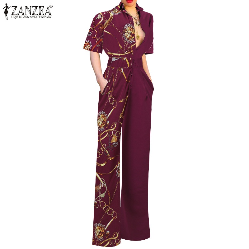 Bộ Áo Liền Quần ZANZEA Ống Rộng Tay Ngắn Cài Nút Phía Trước Phối Túi Bên Hông Thời Trang Cho Nữ