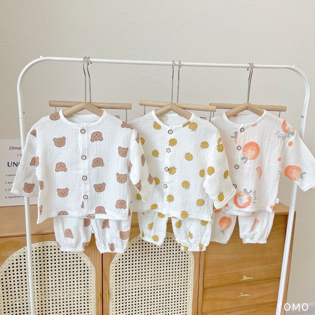 Set quần áo sơ sinh vải xô Muslin tay lỡ hình quả cam dễ thương, Đồ bộ bé trai và bé gái dài tay mềm mịn thoáng mát
