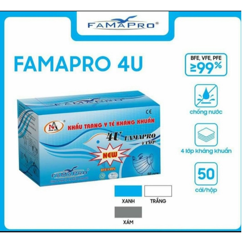 Khẩu Trang Y Tế 4U,4 Lớp,Giấy Kháng Khuẩn,FamaPro ( NamAnh ) - Hộp 50 cái