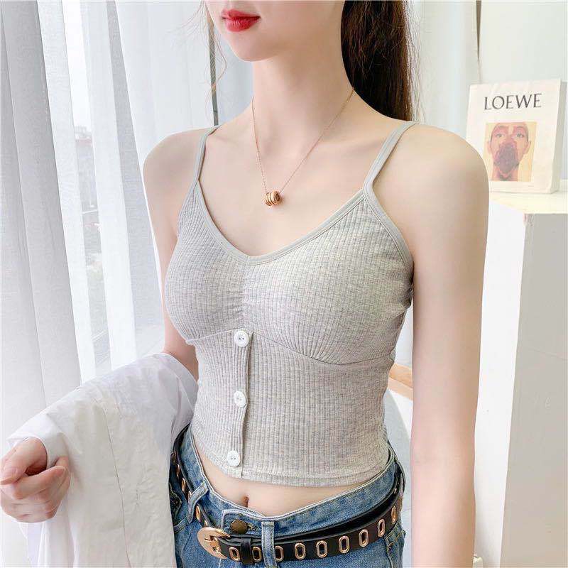 Áo croptop 2 dây giả cúc ZOZORO chất cotton tinh khiết thoáng mát co dãn có lót ngực - ABN2