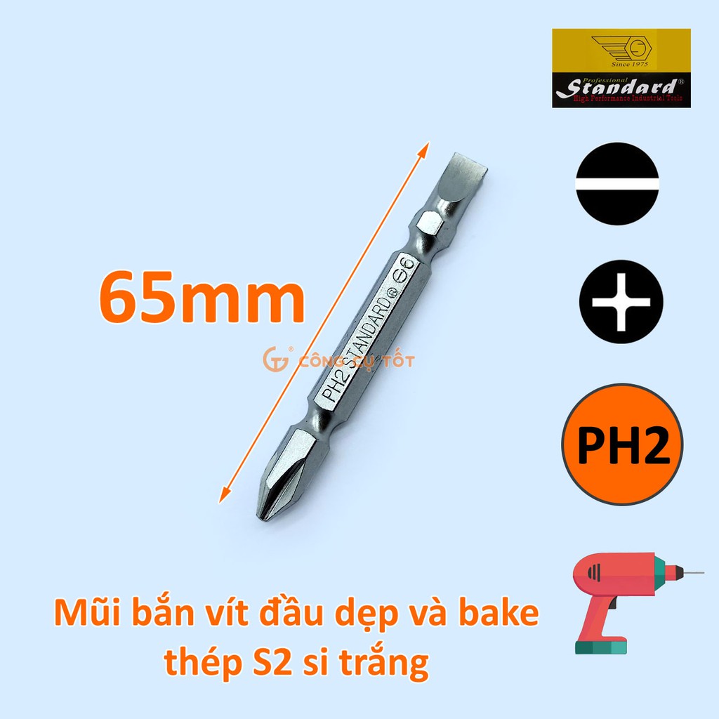 Mũi bắt vít có cả 2 đầu dẹp và bake thép S2 xi trắng Standard 65mm