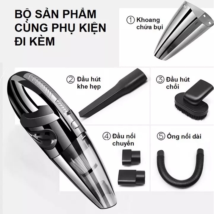 Máy Hút Bụi Cầm Tay Mini Không Dây R-6053 Cao Cấp Bản Adapter 2 Chức Năng Khô Và Ướt Tặng Kèm 5 Đầu Hút- Bh 12 Tháng