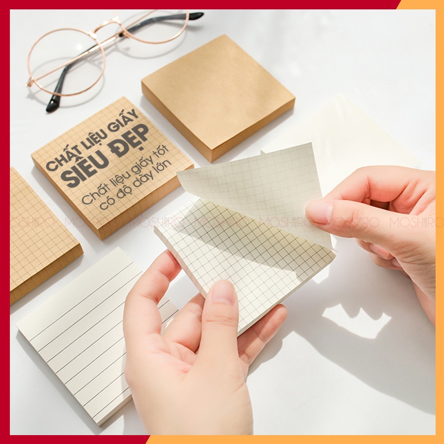 Set 8 Tập 80 tờ giấy ghi chú vuông Moshiro Sticky Note, tự dính, tiện dụng, ghi chú công việc,học tập kiểu dáng đơn giản