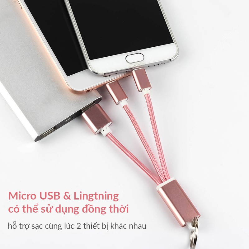 Cáp Sạc 2 Đầu Micro USB/ Lightning - Móc Khóa Tiện Lợi - Dùng Cho Iphone/ Samsung / Oppo / Xiaomi/ Huawei / Sony...