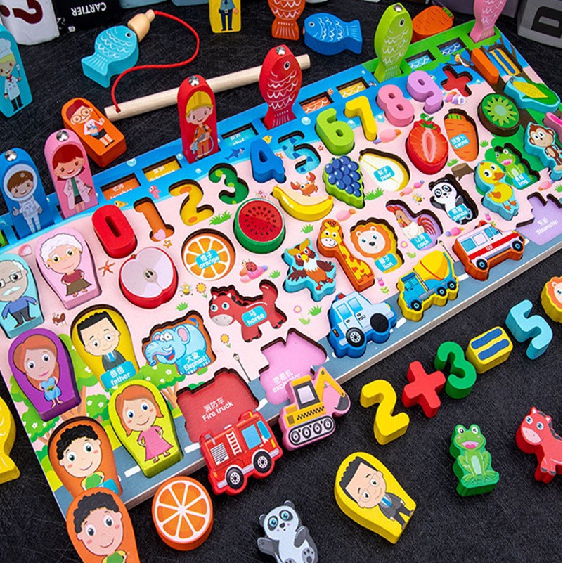 Đồ chơi Câu cá gỗ đa năng 7 trong 1 kèm hình khối, số, chữ và phương tiện giao thông - đồ chơi cao cấp Toys House