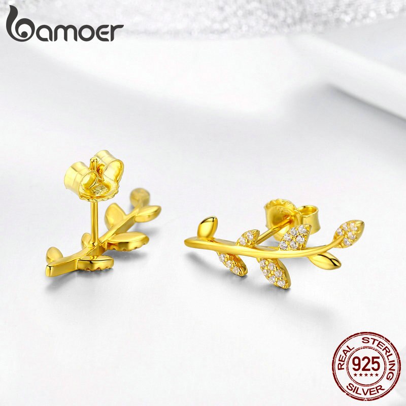 Bông Tai Bamoer SCE556 Bằng Bạc 925 Thật Hình Lá Cây Màu Vàng Đính Đá CZ Cao Cấp Dành Cho Nữ