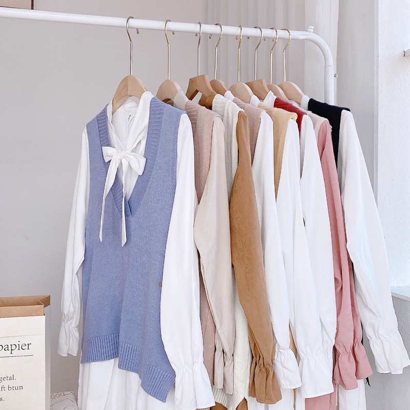 Set váy da lộn cổ nơ