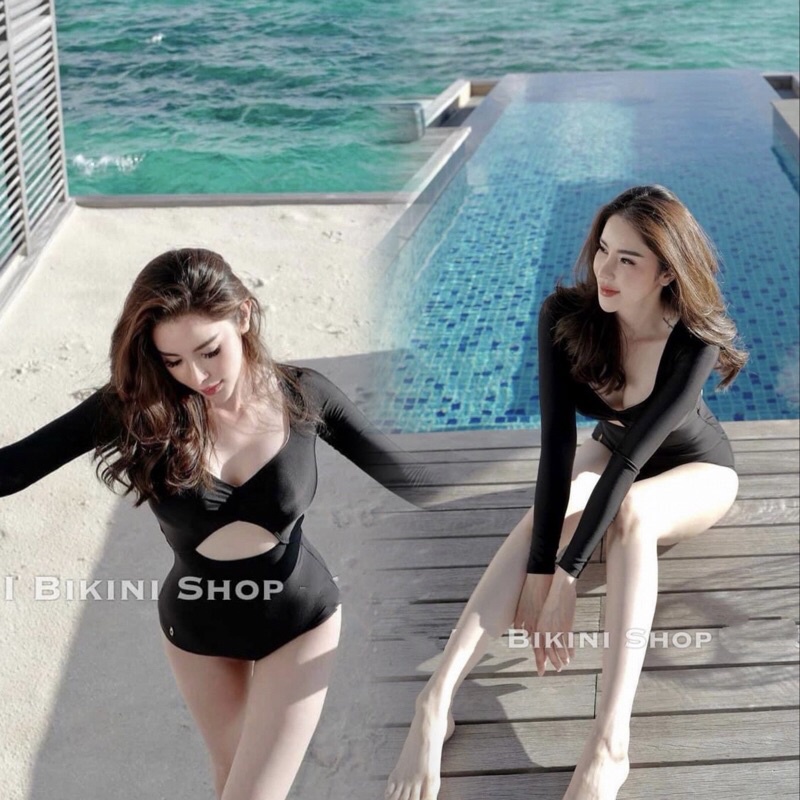 Bikini đồ bơi nữ dài tay kín đáo chống nắng khoét bụng tam giác L14