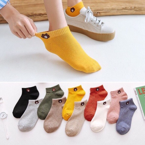 Bộ 10 đôi tất, vớ cổ ngắn hình gấu brown dễ thương (Có túi cute)