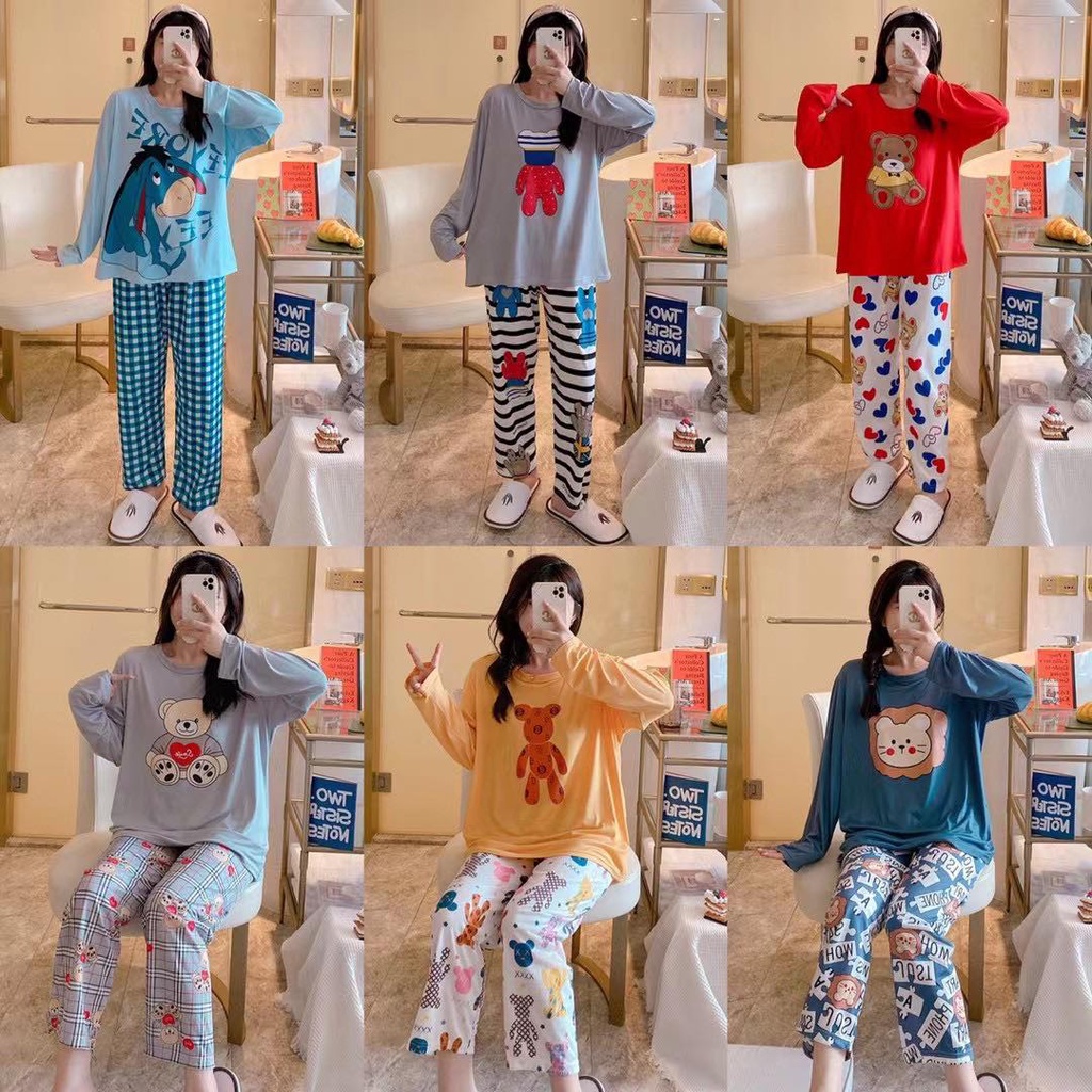 [Sẵn]Đồ bộ thun tay dài Quảng Châu, pijama quần dài, đồ mặc ở nhà họa tiết hoạt hình dễ thương QC02 | BigBuy360 - bigbuy360.vn