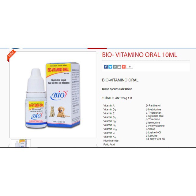 BIO VITAMINO TĂNG SỨC ĐỀ KHÁNG CHO PET THÚ CƯNG CHÓ MÈO chai 10ml