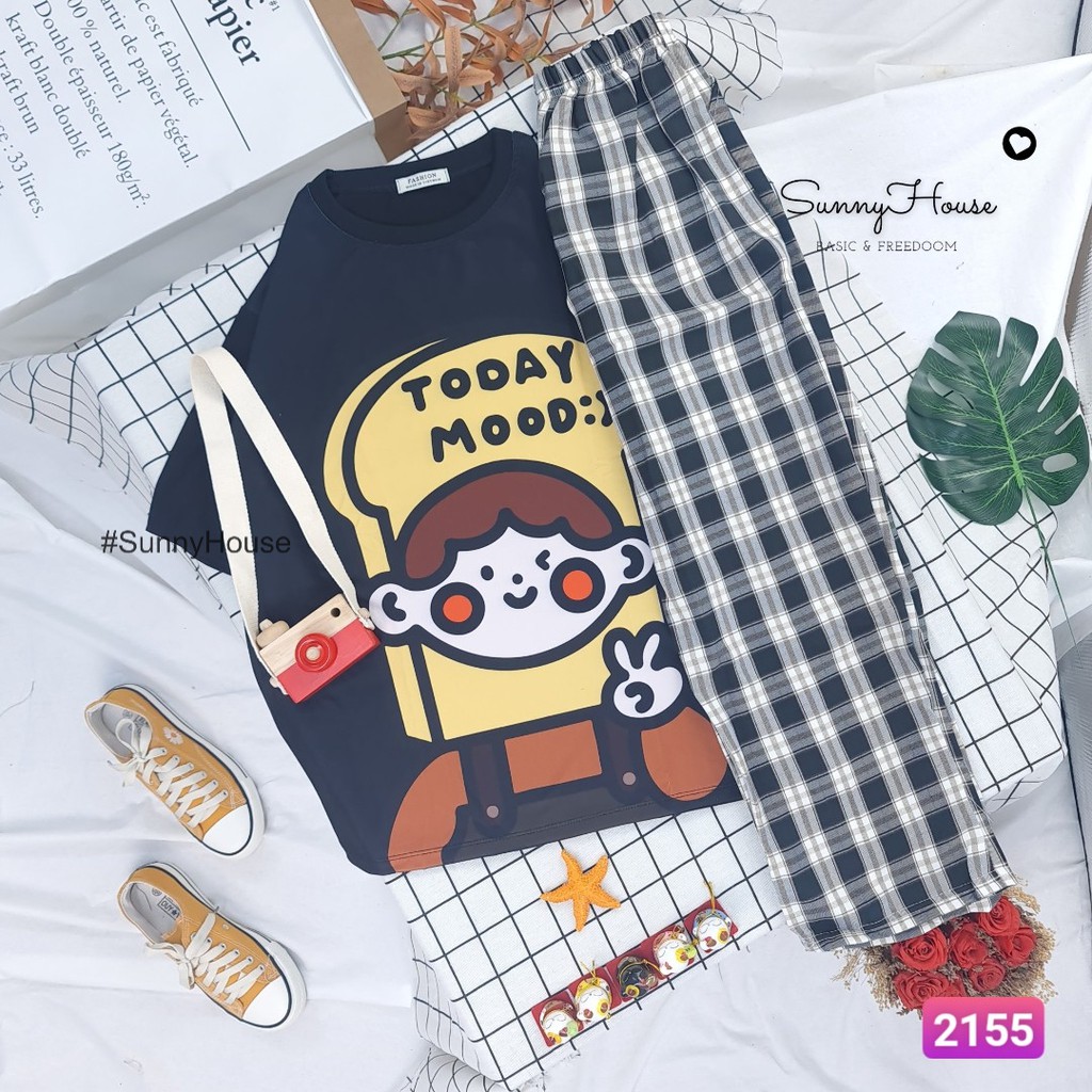 Set đồ bộ  hoạt hình Unisex form rộng quần caro vải kate cartoon Mã SP002155