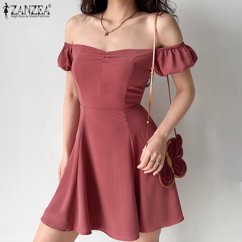 ZANZEA Đầm Mini Trễ Vai Tay Phồng Có Khóa Kéo Sau Lưng Thời Trang Cho Nữ