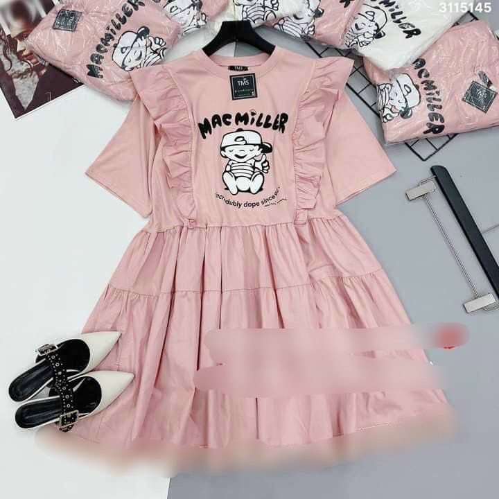 Đầm babydoll thun phối kate viền bèo in hình baby
