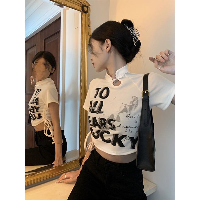 QKOOLE  Áo Thun Croptop Tay Ngắn Phối Dây Rút In Họa Tiết Kiểu Hàn Quốc Xinh Xắn Cho Nữ