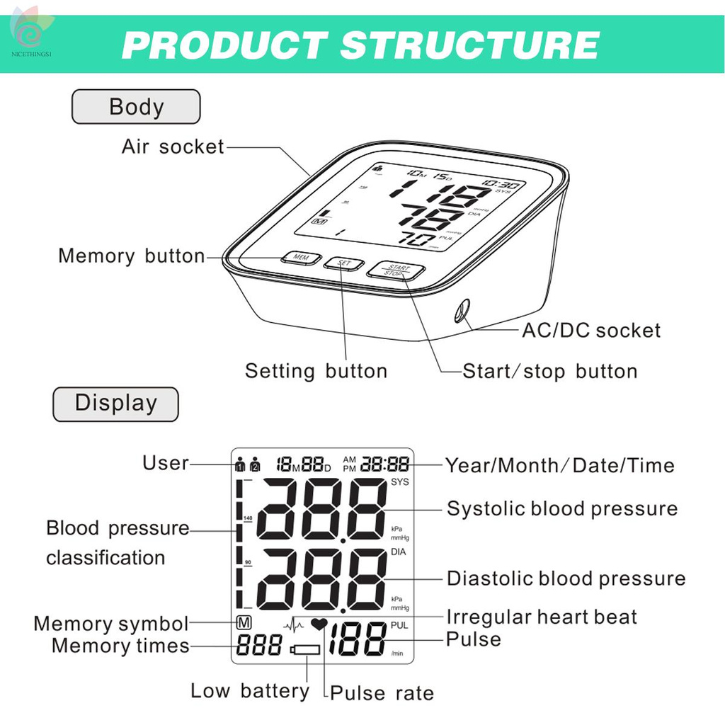 ET U80N Automatic Upper-arm Blood Pressure Monitor Digital Blood Pressure Meter with Large Cuff Fits 8.7-inch to 16.5-inch Upper-arm Support 2×90 Sets of Data Record Irregular Heart Beat Pulse Machine BP Meter for Medical Household Use