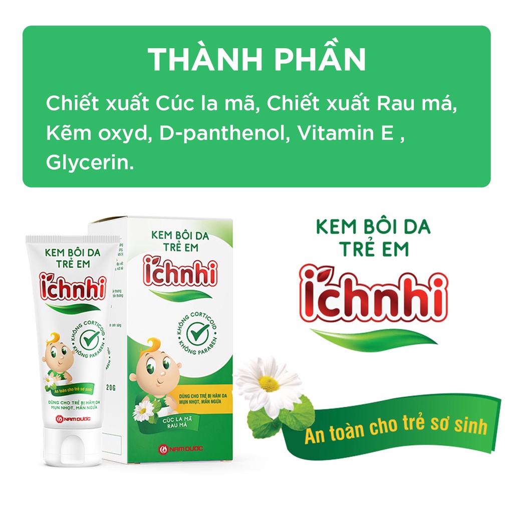 Kem bôi da trẻ em Ích Nhi 20g giúp giảm mẩn ngứa, sưng đỏ, dùng cho trẻ từ sơ sinh bị hăm tã, mụn nhọt, rôm sẩy