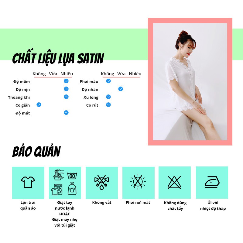 Quần áo ngủ SBORG đồ bộ lụa satin cao cấp viền ren sang trọng tay ngắn quần đùi có túi 45 - 65 kg quà tặng vợ