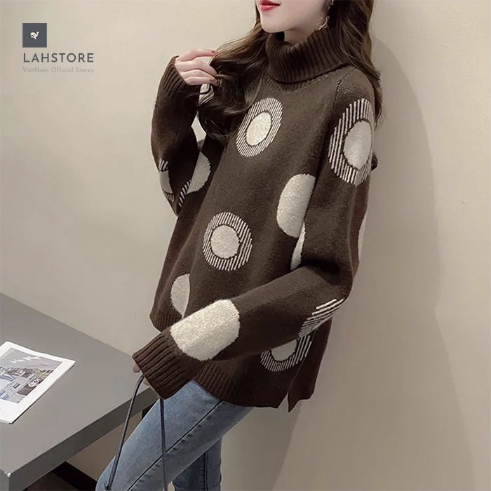 Áo len nữ form rộng cao cổ chấm bi to LAHSTORE thu đông 2021, phong cách Hàn Quốc trẻ trung, chất liệu dày dặn (Nâu)