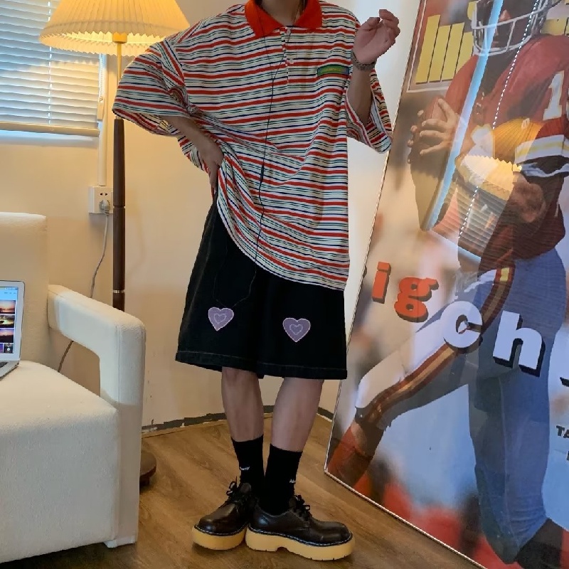 Áo Thun polo Tay Ngắn Dáng Rộng Thoáng Khí In Họa Tiết Kẻ Sọc Phong Cách hip hop Thời Trang Mùa Hè Cho Nam