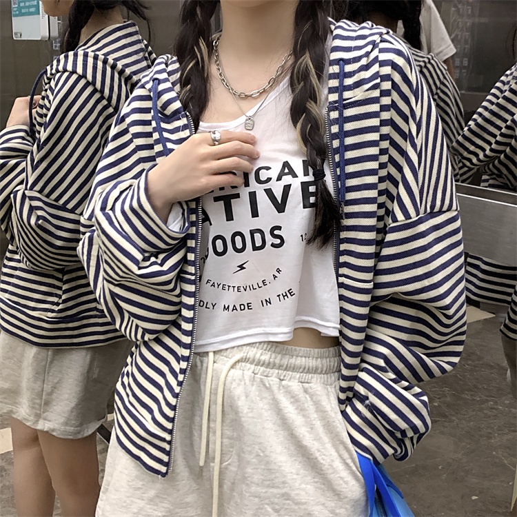 Áo khoác cotton dài tay in sọc phối khóa kéo phong cách retro Hong Kong năng động | BigBuy360 - bigbuy360.vn