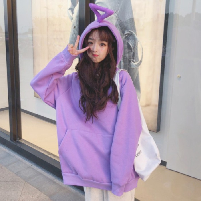 Áo hoodie dài tay có mũ màu trơn phong cách Hàn cho nữ