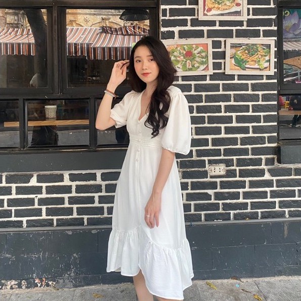 [XẢ LỖ] VÁY ĐẦM NỮ - Hàng thiết kế 2 lớp vải đũi tay bồng dáng xinh 3 màu  đen, trắng, be | BigBuy360 - bigbuy360.vn