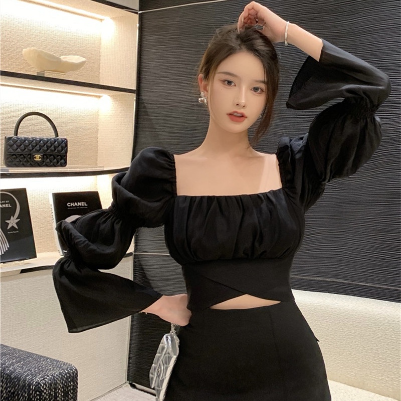 Áo Croptop Tay Loe Dài Phối Nơ Thiết Kế Hợp Thời Trang