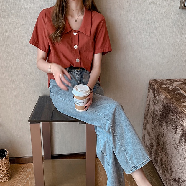 Áo sơ mi ngắn tay màu trơn phong cách cổ điển thời trang công sở cho nữ