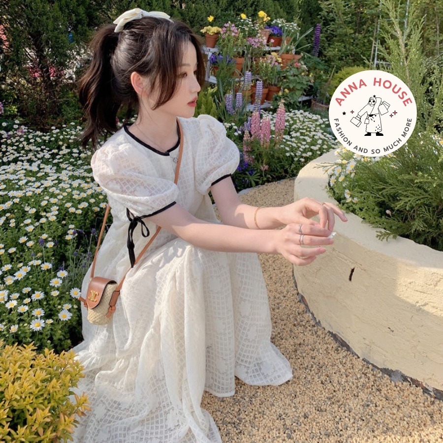 Đầm babydoll ngắn tay 2 tầng ren hoa kẻ cổ viền đen 2 lớp tiểu thư, váy xòe buộc nơ tay bồng form suông rộng babydoll