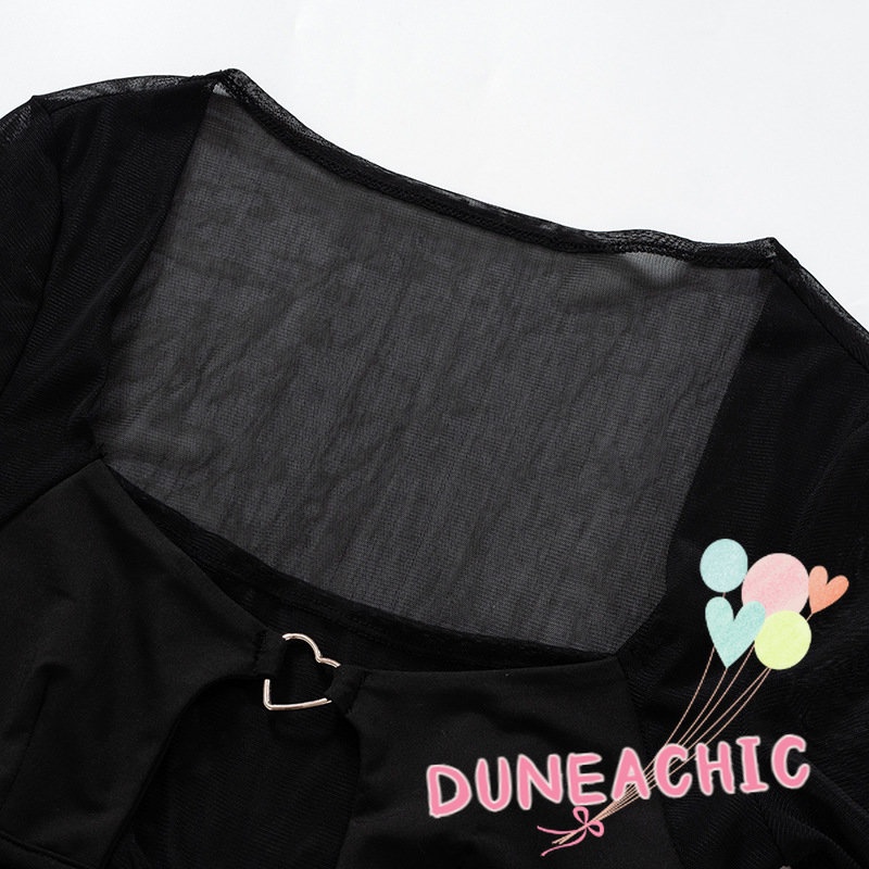 DUNEA Áo Croptop Tay Dài Cổ Vuông Phối Lưới Xuyên Thấu Quyến Rũ Cho Nữ