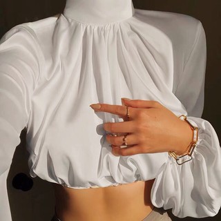 Áo sơmi croptop trắng lụa bóng tay dài