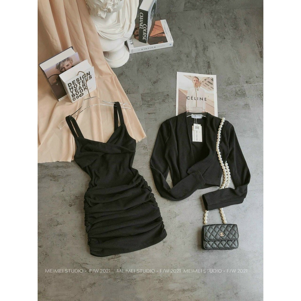 Set đầm 2 dây xoắn ngực nhúm sườn kèm áo khoác tay dài AV70