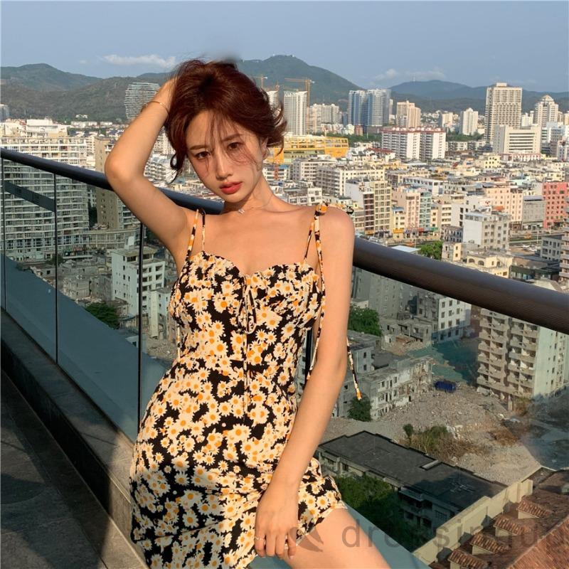 d❃♪Ladies summer fashion sexy floral lace slim dress