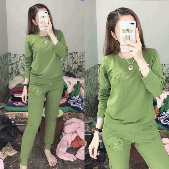 bộ ngủ 💚bộ mặc nhà -ĐỒ BỘ nữ da cá, Bộ nỉ nữ da cá thêu hoa trà cực xinh,chất co giãn thoải mái đồ bộ MAGIDO-[ẢNH THẬT]