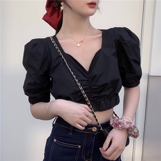 Áo voan croptop nữ cổ V tay phồng ngắn màu trơn nhún bo eo - Mã: 746 TV-Fashion