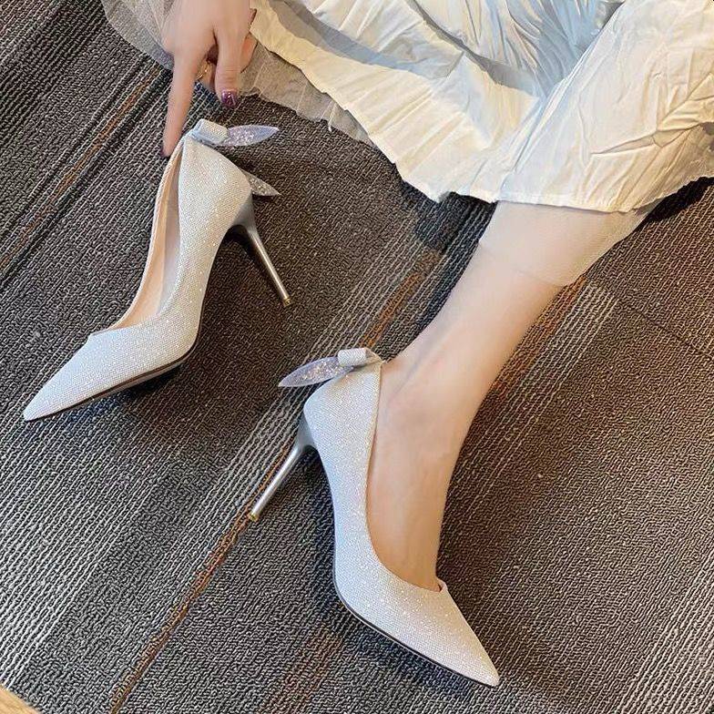 Giày Cao Gót Mũi Nhọn Đính Nơ Kiểu Pháp Dễ Thương Cho Nữ