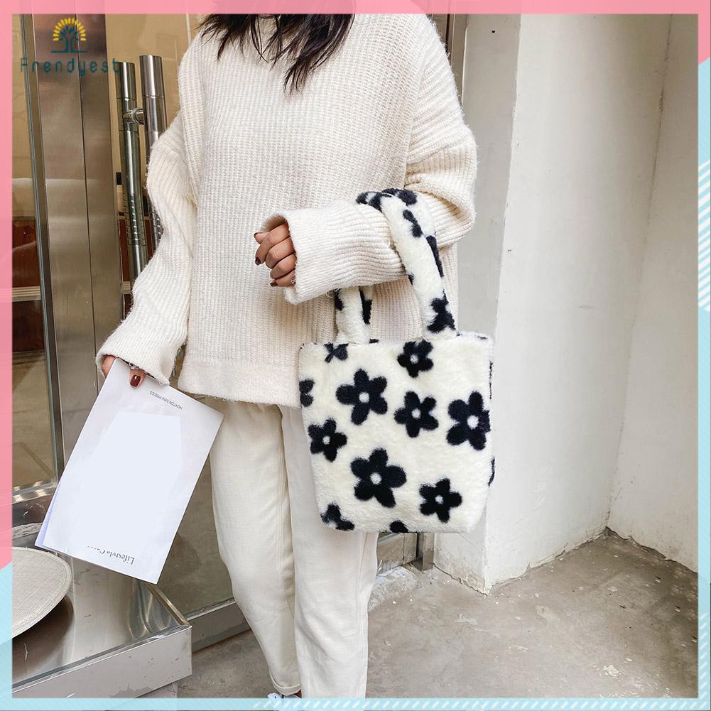 Túi xách đeo vai bằng lông nhung in hoa có tay cầm thời trang mùa thu | BigBuy360 - bigbuy360.vn