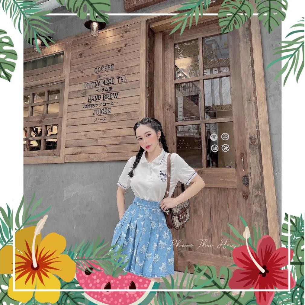[ 𝐅𝐑𝐄𝐄 𝐒𝐇𝐈𝐏 ] Set Áo Polo Thêu Chữ Mix Chân Váy Xanh