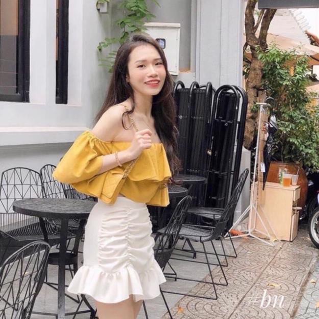 Áo trễ vai tay bồng Áo crtop bẹt vai xếp ly tay ngắn dễ thương HIJUNE ATV12