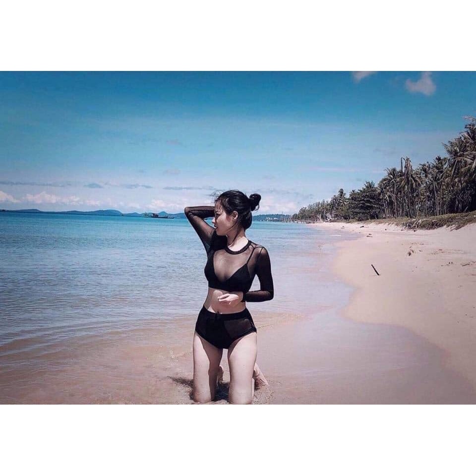 Bikini hai mảnh đen phối lưới dài tay sexy mặc đi biển ( Ảnh chụp thật 100%) | BigBuy360 - bigbuy360.vn